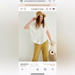 Grae Cove Sierra 100% Linen Button-Up Loose Shirt color white size medium